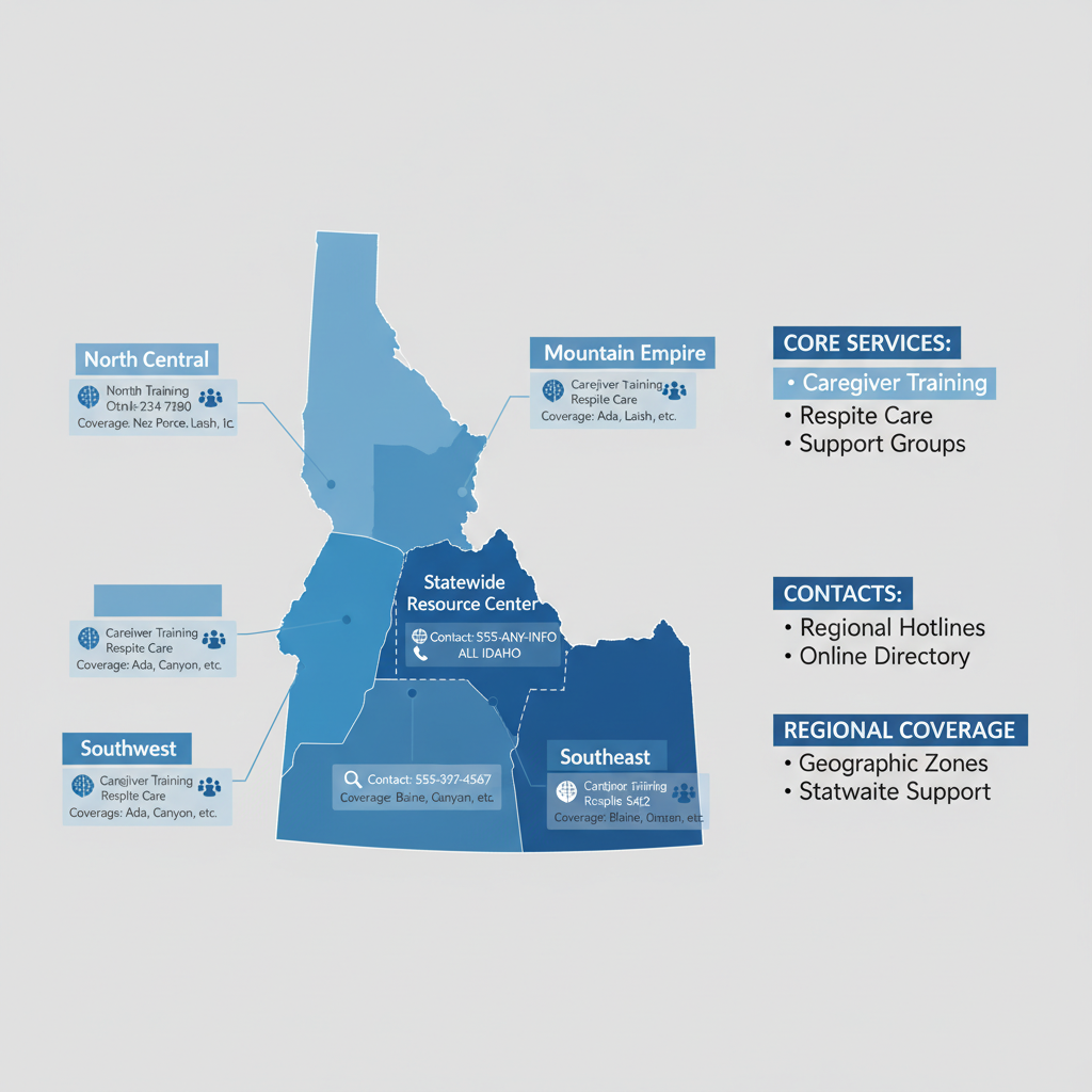 Infographic map of Idaho highlighting five regional Area Agencies on Aging with icons for caregiver training, respite care, support groups, contact info, and coverage areas.