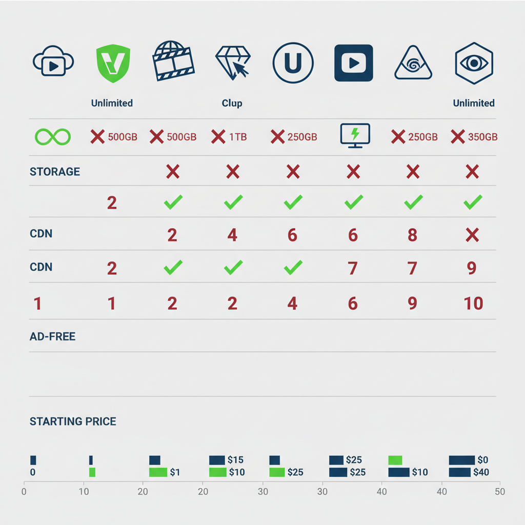 Accessibility visualization of video hosting platforms comparison showing storage, CDN, ad-free features, and pricing ranges.