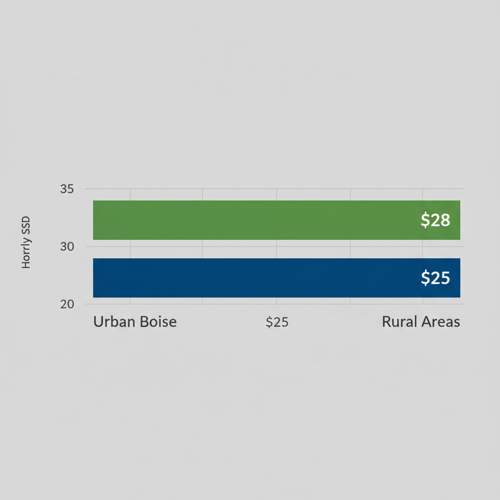 Horizontal bar chart comparing average hourly in-home care costs between urban Boise and rural areas in Idaho, showing $25 for urban and $28 for rural.
