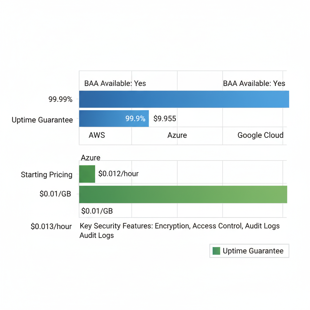 Horizontal bar chart comparing uptime guarantees and starting prices of top HIPAA compliant hosts AWS, Azure, and Google Cloud with BAA labels and security features.