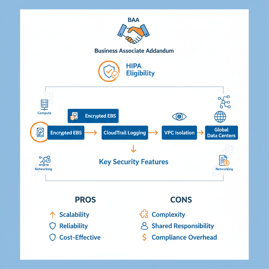 Infographic illustrating AWS HIPAA compliant cloud hosting features, security flowchart, and pros cons list