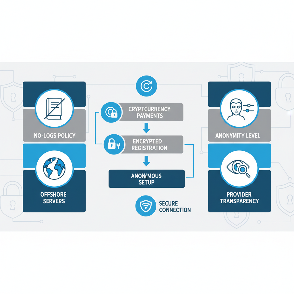 Infographic illustrating key privacy features, secure payment flowchart, and evaluation criteria for anonymous web hosting.