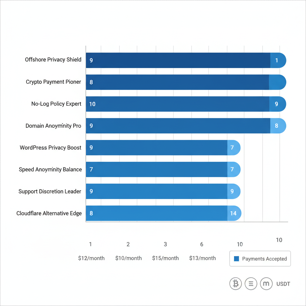 Horizontal bar chart comparing anonymity levels from 1 to 10 across eight anonymous web hosting providers, including scores, starting prices, and crypto payment legends.
