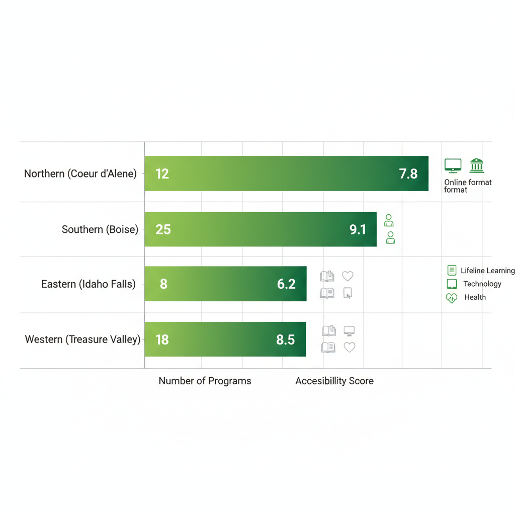 Horizontal bar chart comparing free senior education programs and accessibility scores across Idaho regions