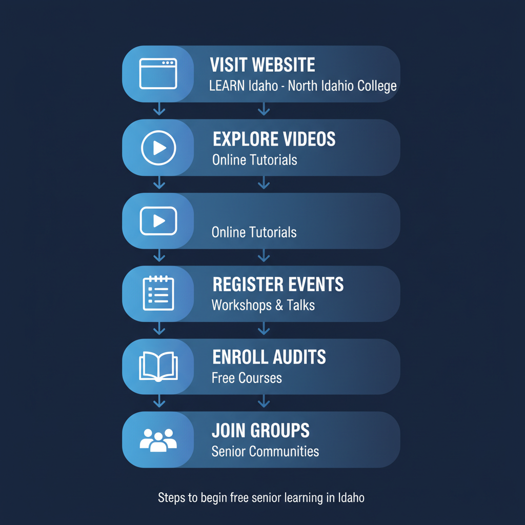 Vertical process flow diagram illustrating five steps to start free senior education in Idaho