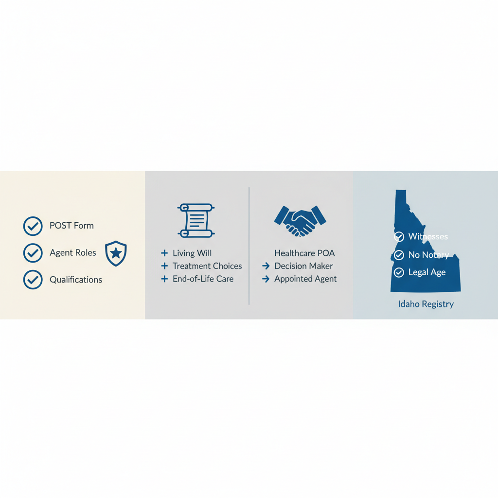 Infographic showing three panels on Idaho advance directives: POST form components, living will vs power of attorney differences, and legal requirements.