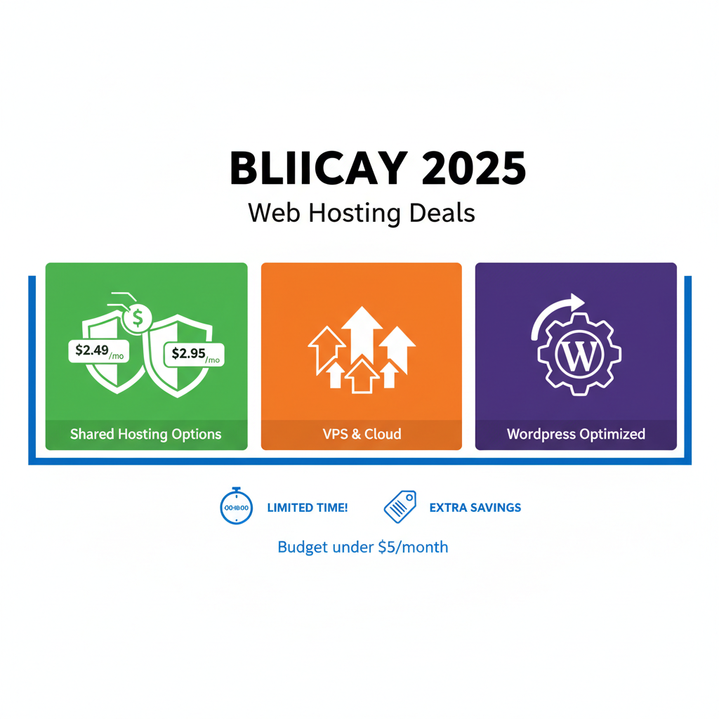 Infographic illustrating top Black Friday 2025 web hosting deals with icons, prices, and promotional stats for shared, VPS, and WordPress options