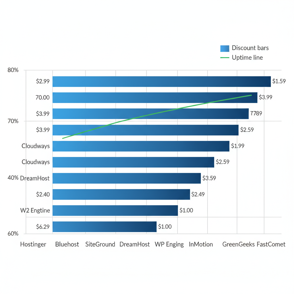 Horizontal bar chart comparing discount percentages and uptime for top Black Friday web hosting deals from 10 providers