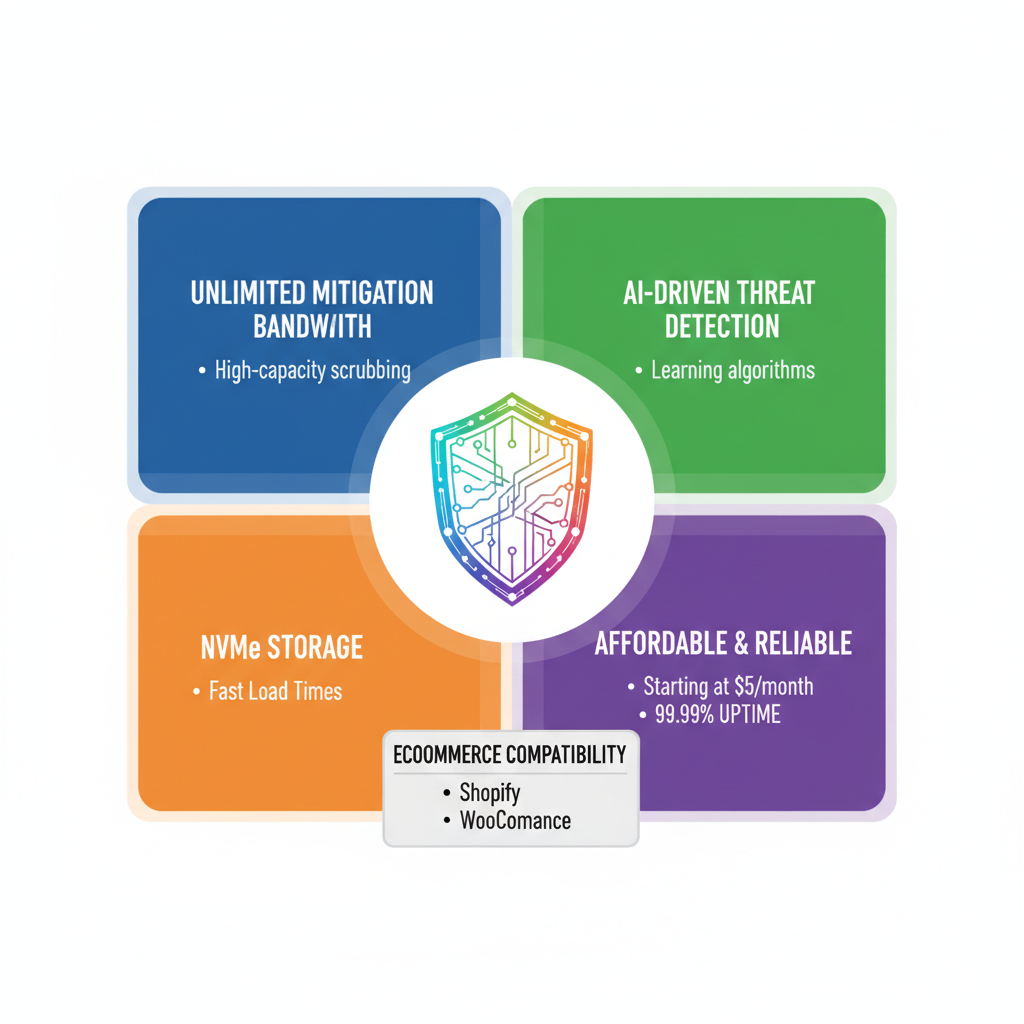 Infographic highlighting key features of top DDoS protected hosting for ecommerce including shield icon, unlimited bandwidth, AI detection, NVMe storage, and low pricing with uptime guarantee.