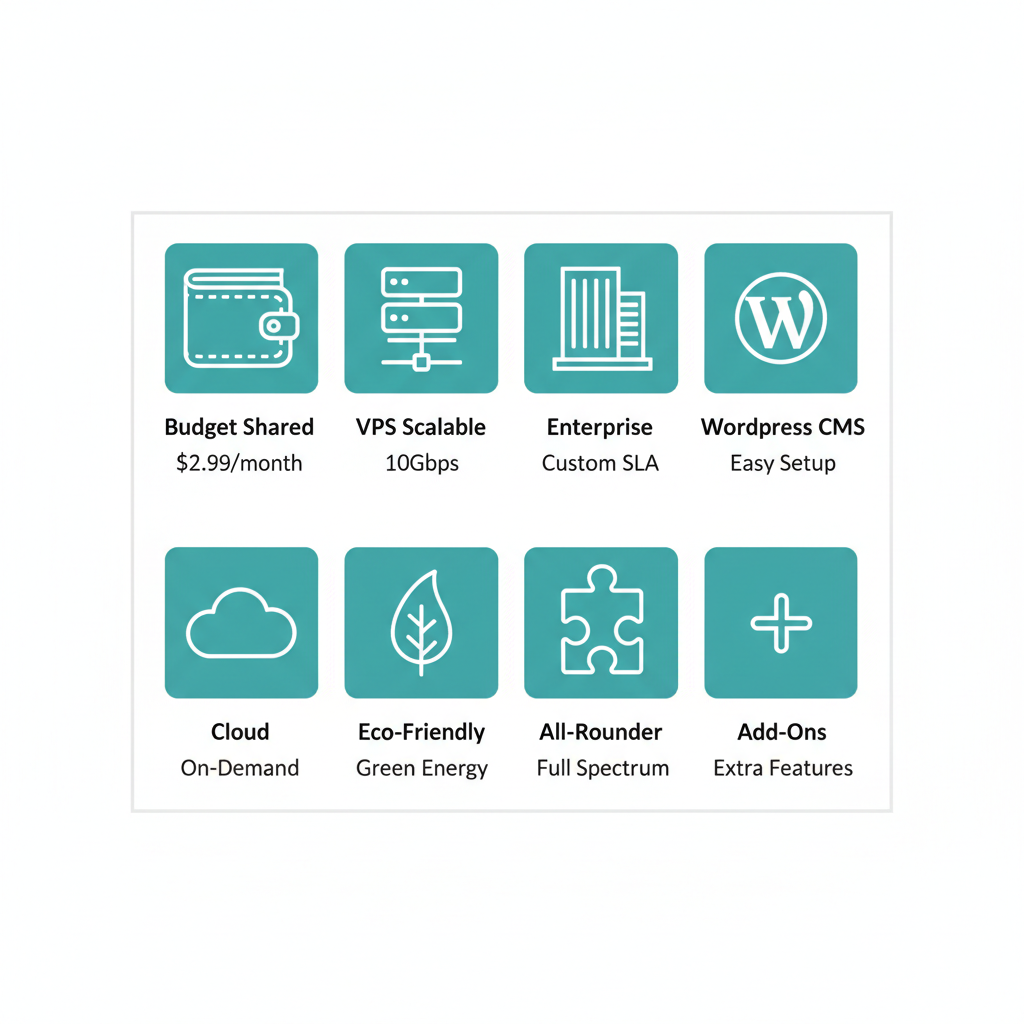 Set of eight flat teal icons illustrating various DDoS hosting provider types in a grid layout