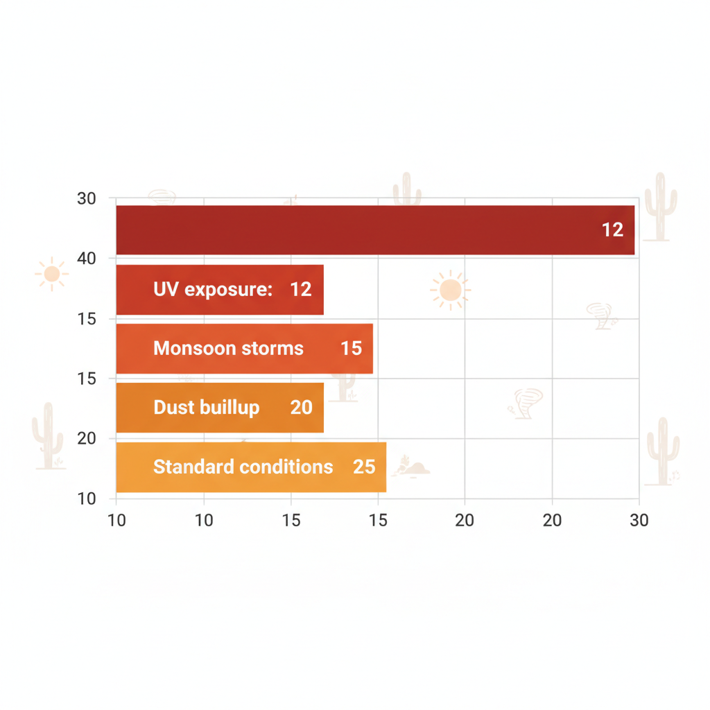 Horizontal bar chart of average roof lifespan factors in Phoenix climate including UV exposure, monsoon storms, dust buildup, and standard conditions with years labeled.