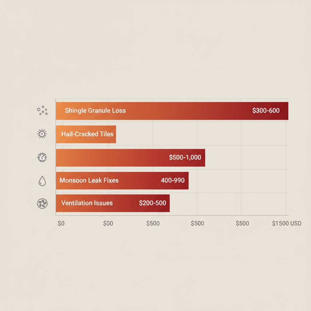 Horizontal bar chart of average roof repair costs in Phoenix for shingle granule loss, hail-cracked tiles, monsoon leak fixes, and ventilation issues with icons and cost ranges.