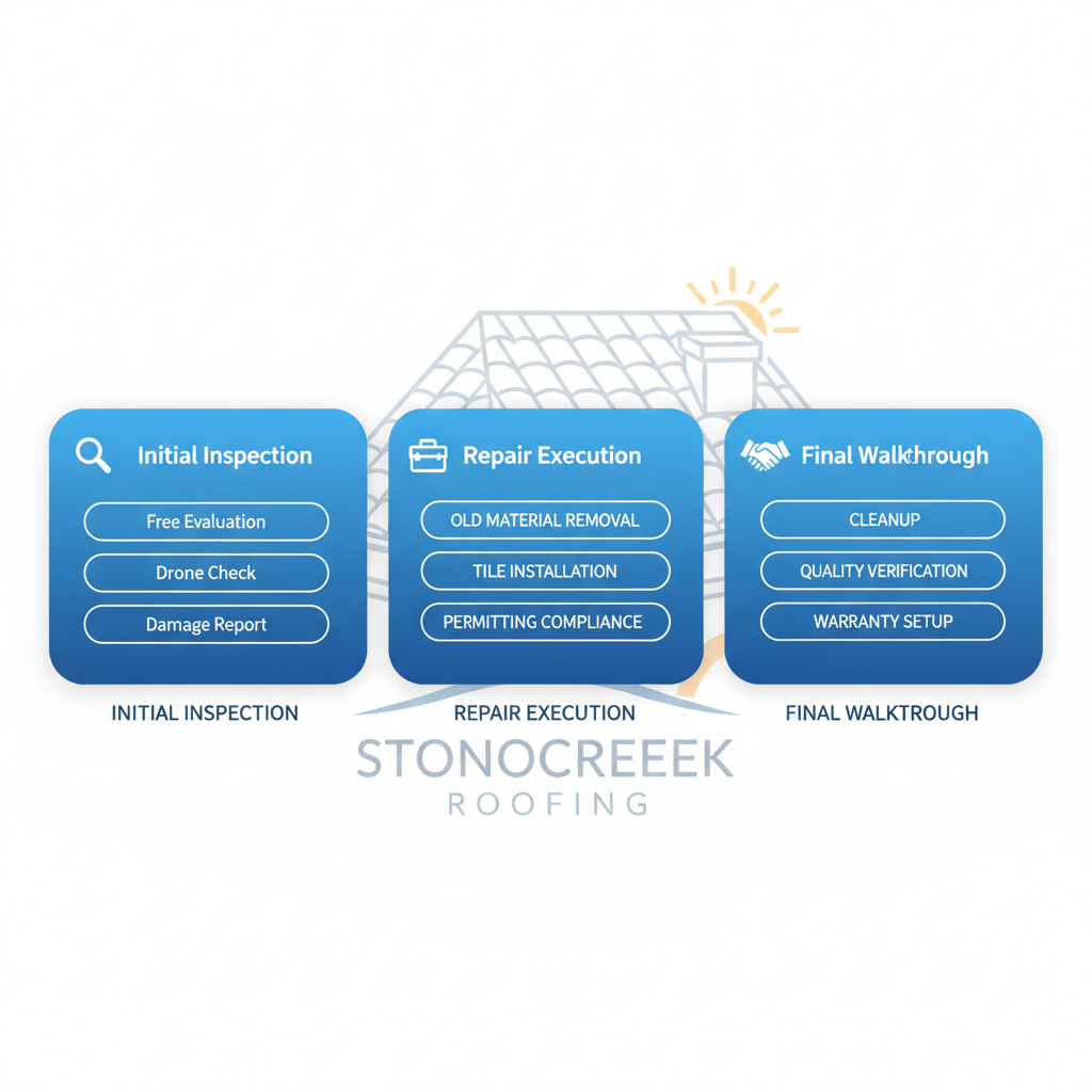 Horizontal process flow diagram illustrating the three key stages of roofing services in Phoenix: initial inspection and assessment, repair or replacement execution, and final walkthrough with warranty setup.