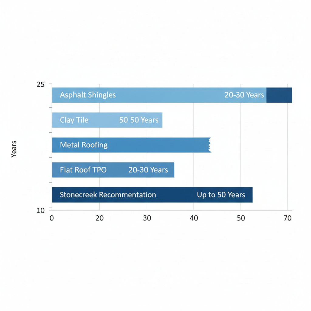 Horizontal bar chart comparing warranty durations for roofing materials including asphalt shingles, clay tile, metal, TPO, and Stonecreek recommendations in Phoenix Arizona