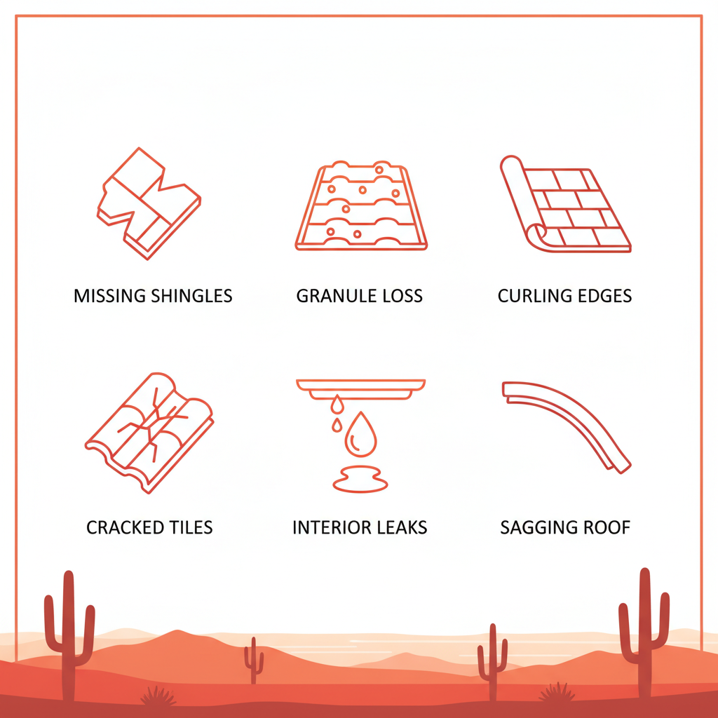 Grid of icons illustrating common Phoenix roof damage signs: missing shingles, granule loss, curling edges, cracked tiles, interior leaks, sagging structure.