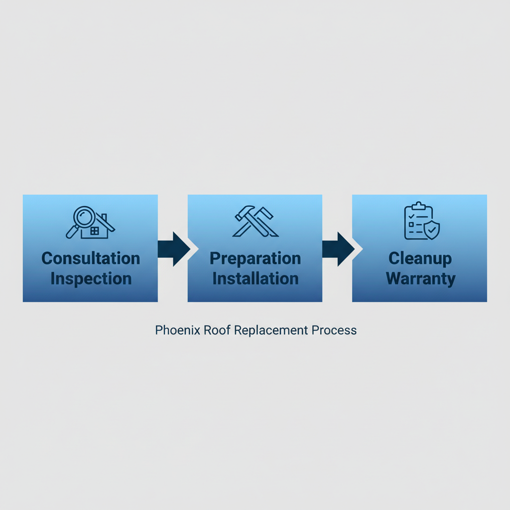 Horizontal process flow diagram illustrating the three main phases of roof replacement in Phoenix