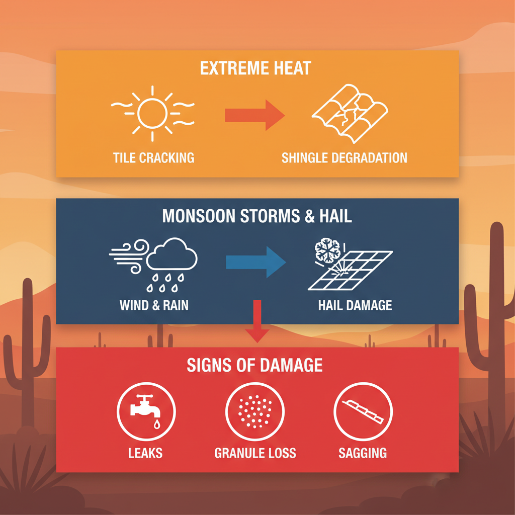 Infographic depicting main roofing challenges in Phoenix from heat, monsoons, hail, and damage signs