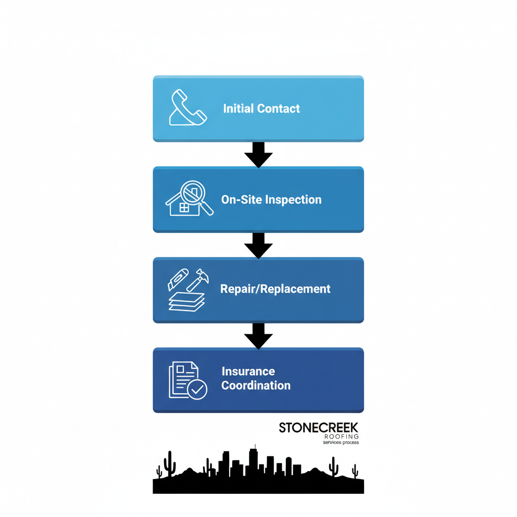 Visual process flow diagram illustrating the four steps of Stonecreek Roofing services in Phoenix, from initial contact to cleanup.