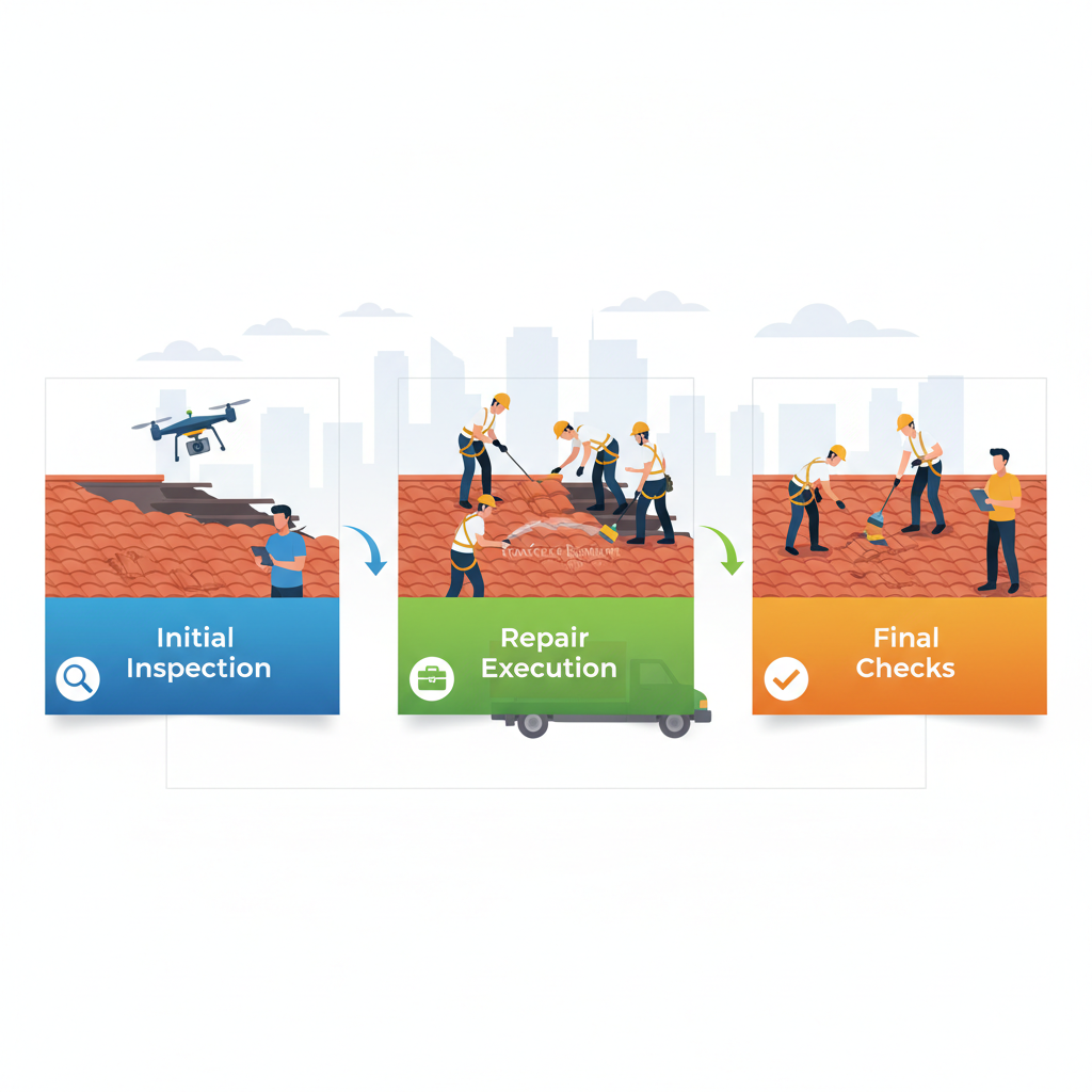 Horizontal process flow diagram of three stages in roof repair: inspection, execution, and final checks