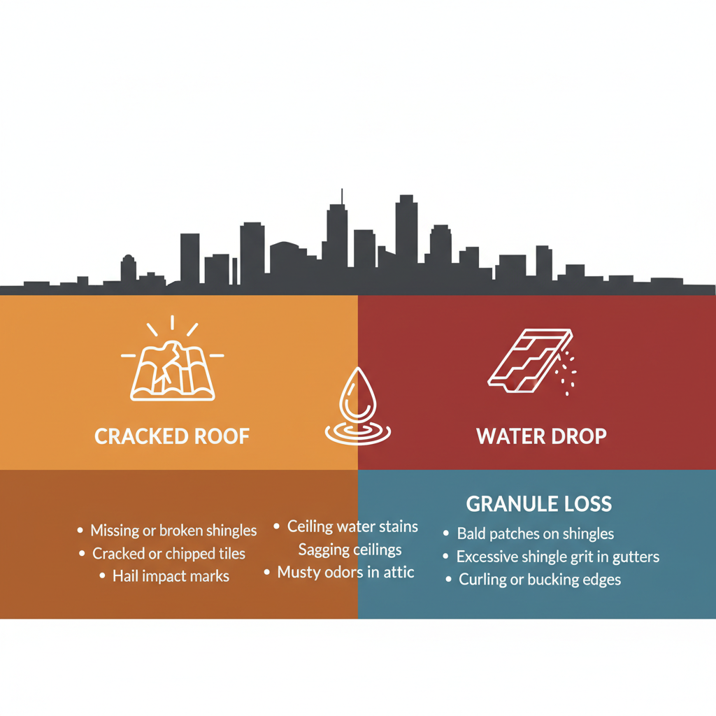Infographic depicting common signs of roof damage in Phoenix including exterior, interior, and material issues.