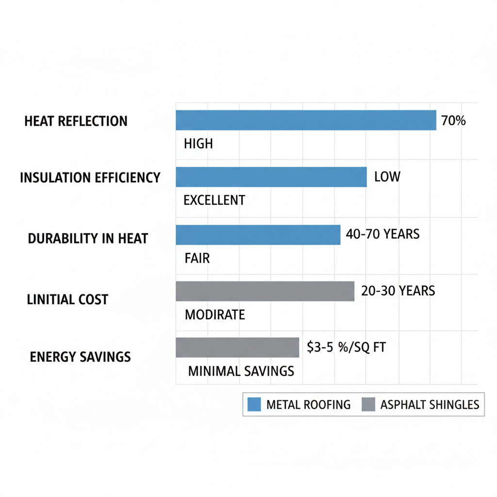Horizontal bar chart comparing performance of metal roofing versus asphalt shingles in Phoenix climate conditions