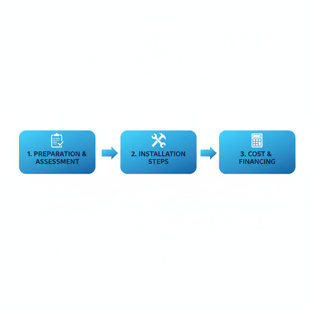 Horizontal process flow diagram illustrating the three key stages of metal roof installation in Phoenix, including preparation, installation steps, and cost considerations with relevant icons.
