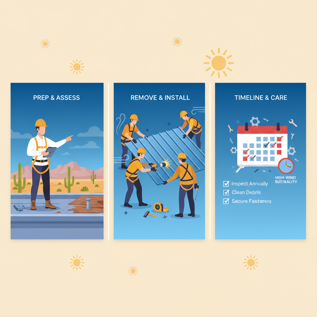 Horizontal process flow diagram illustrating three phases of steel roof installation in Phoenix: preparation, removal and installation, and post-installation care.