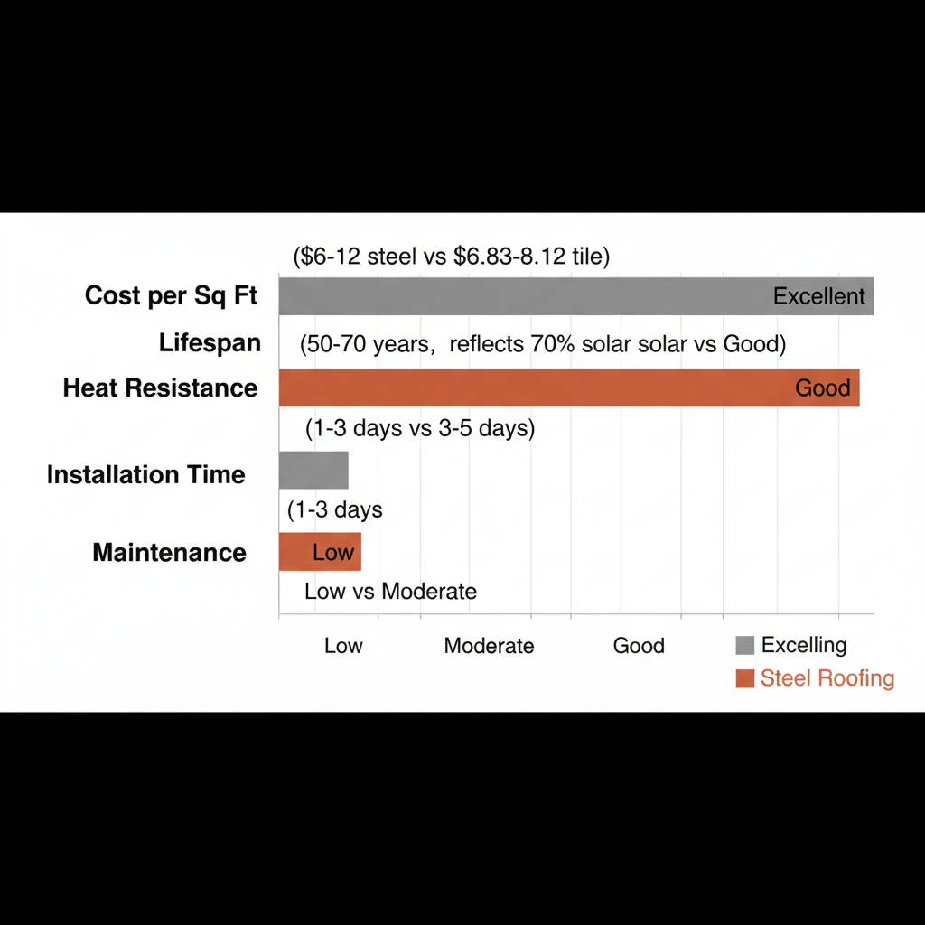 Bar chart comparing steel and tile roofing in Phoenix for cost, lifespan, heat resistance, installation time, and maintenance.