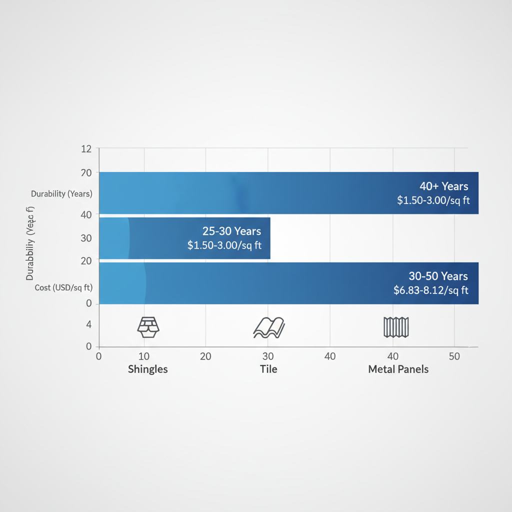 Horizontal bar chart comparing durability and cost of shingle, tile, and metal roofing materials for Phoenix homes, featuring icons and dual scales.