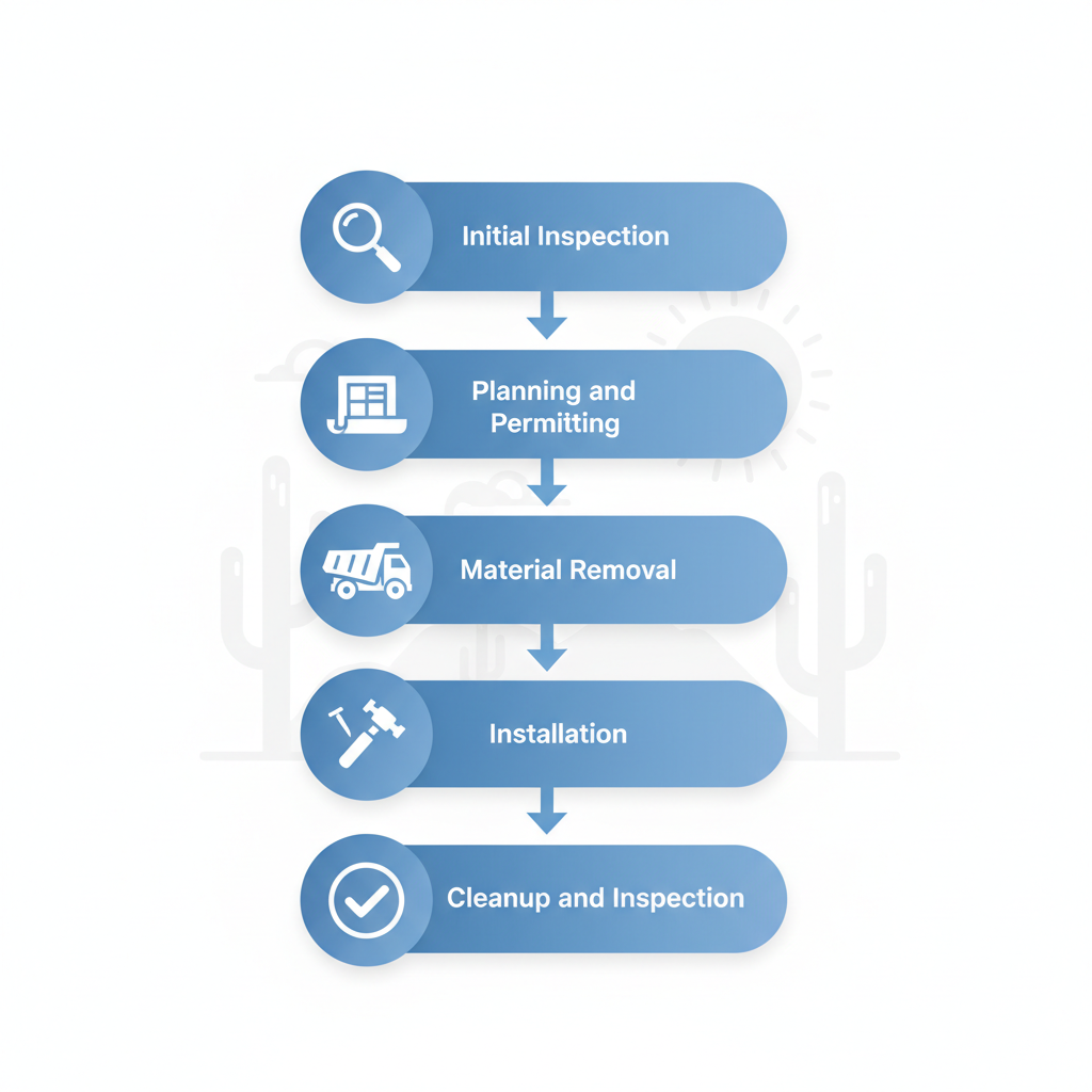 Vertical process flow diagram showing five stages of a roofing project with icons and brief labels.