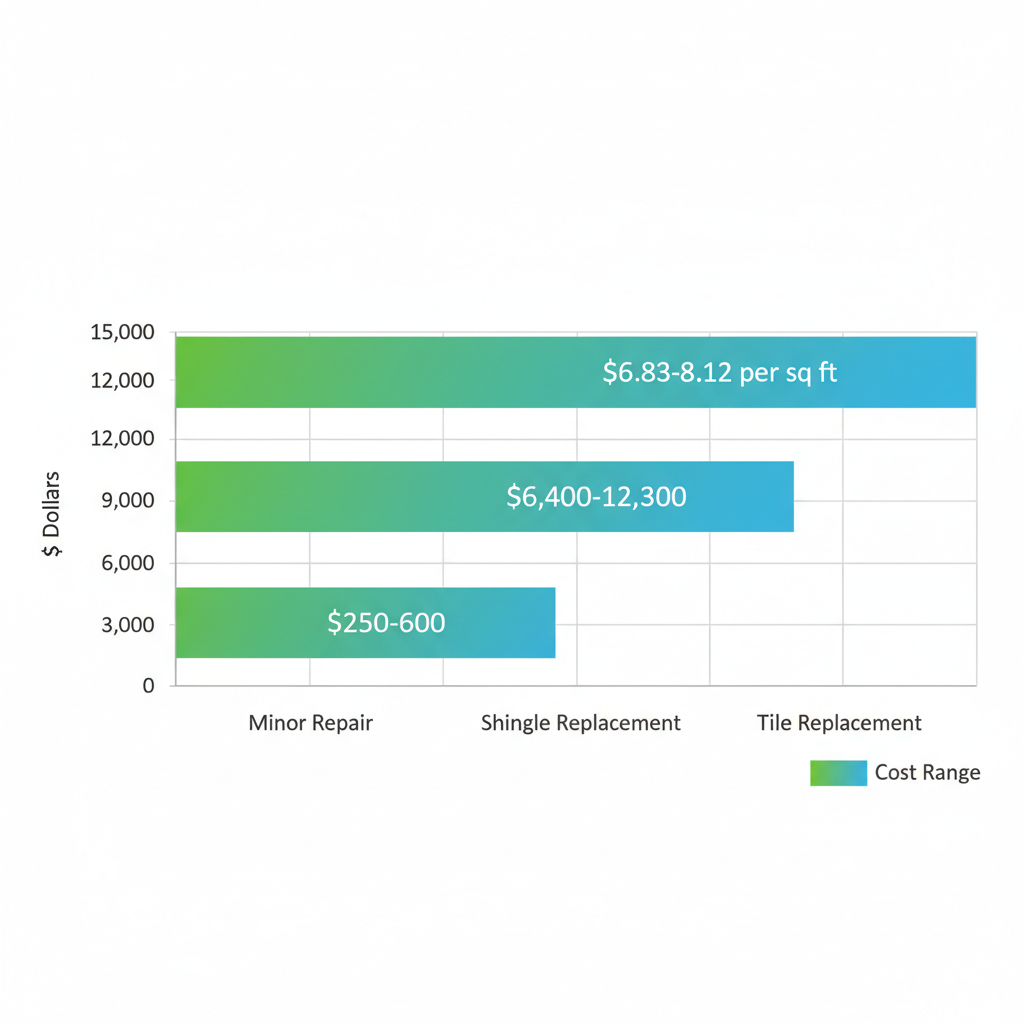 Horizontal bar chart comparing average roof repair and replacement costs in Phoenix for 2025, showing minor repair, shingle replacement, and tile replacement ranges.