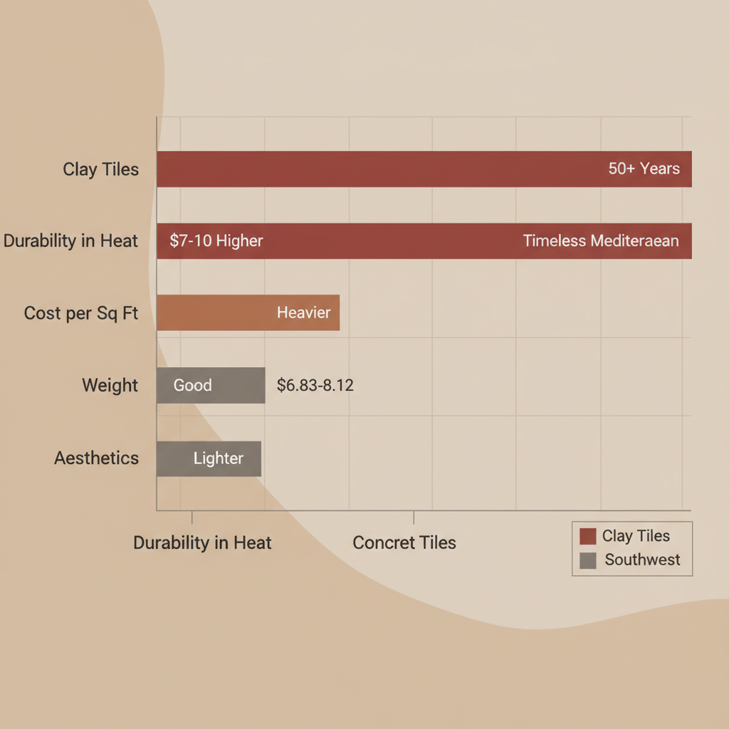 Horizontal bar chart comparing clay vs. concrete roof tiles for durability, cost, weight, and aesthetics in Arizona's desert climate