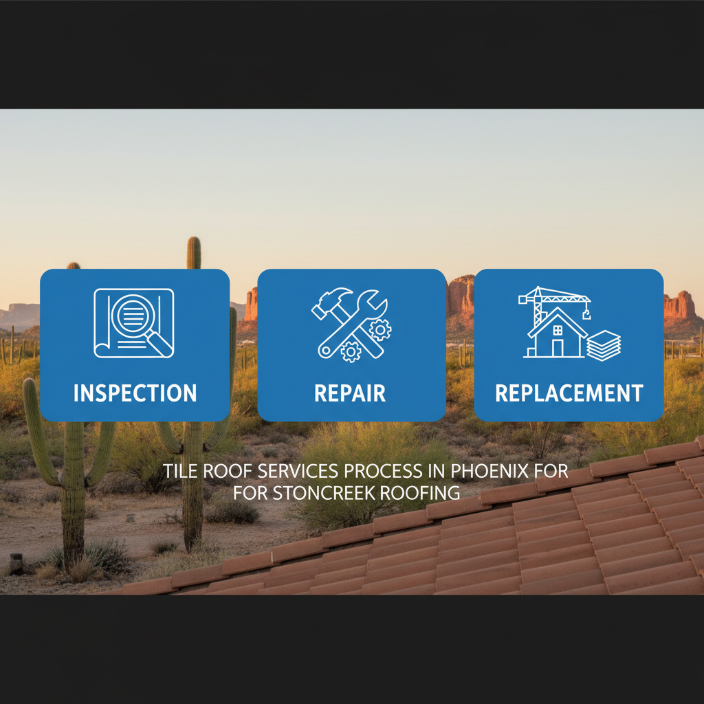 Horizontal process flow diagram of three stages for tile roof services in Phoenix: inspection and assessment, repair techniques, and full replacement workflow.