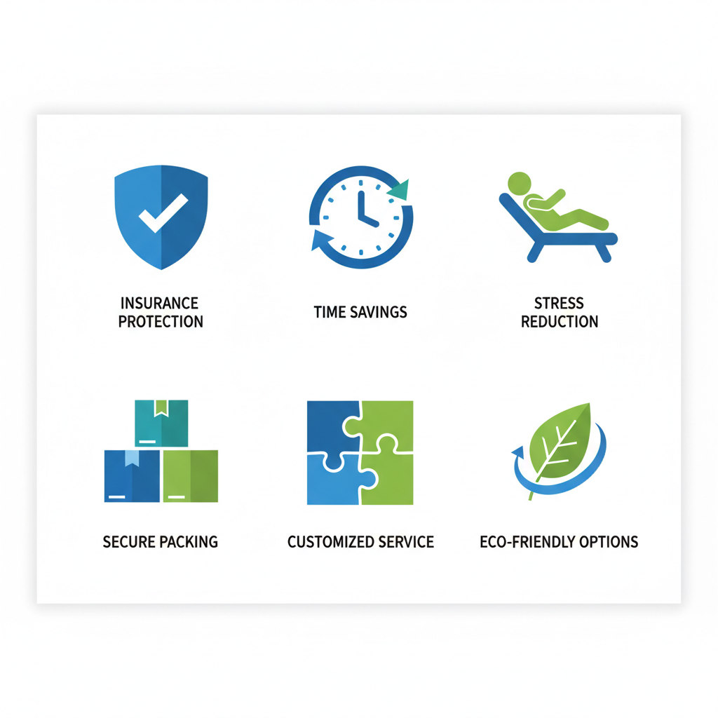 Grid of icons illustrating key benefits of hiring professional movers in Marietta, including insurance, time savings, and eco-friendly options.