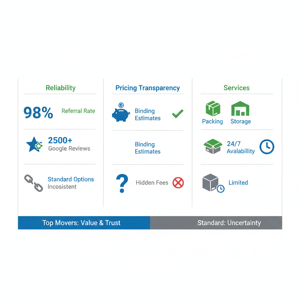 Infographic comparing benefits of professional top movers versus standard options in Marietta, Georgia, highlighting reliability, pricing, and services