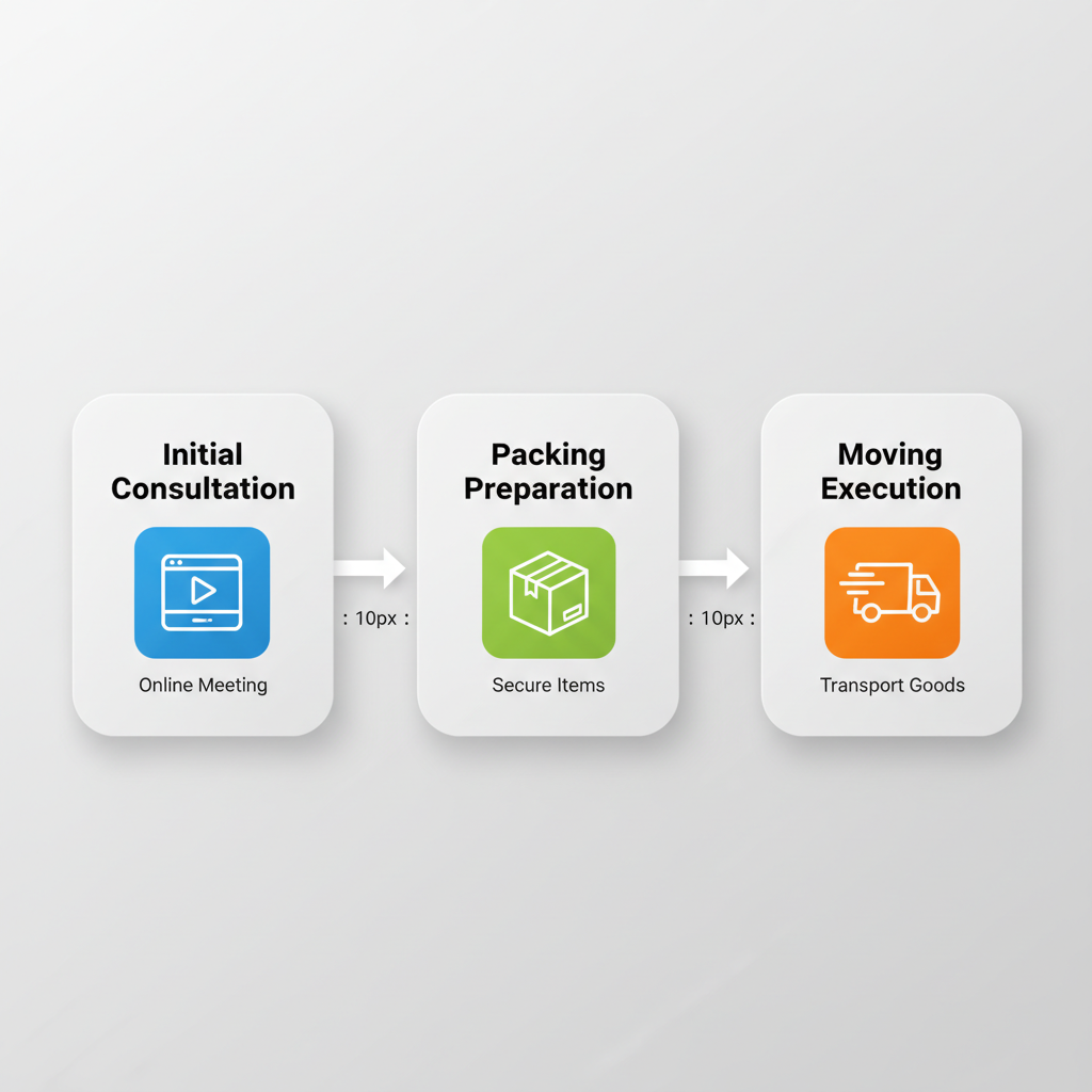 Horizontal process flow diagram illustrating three stages of professional moving: initial consultation, packing and preparation, and moving day execution.