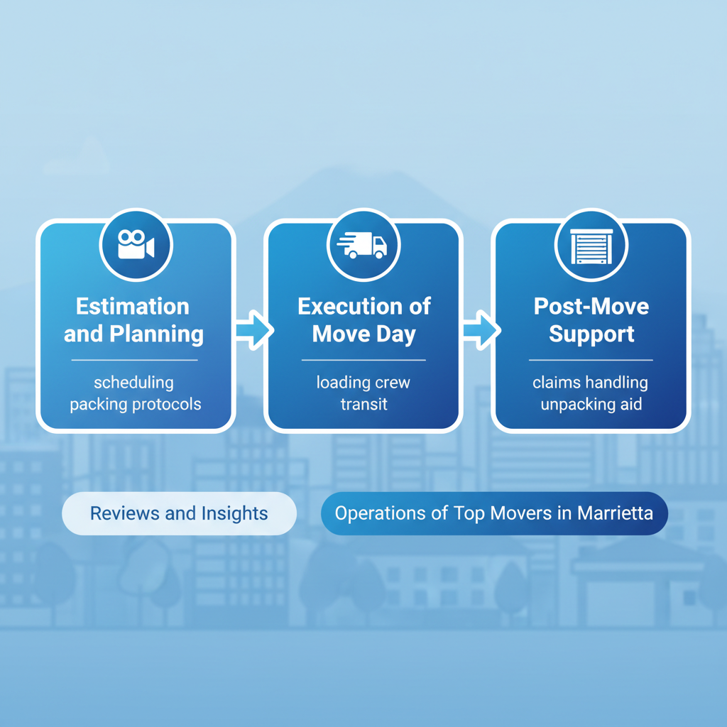 Horizontal process flow diagram illustrating three stages of top movers' operations in Marietta: estimation and planning, move day execution, and post-move support with icons and brief labels.