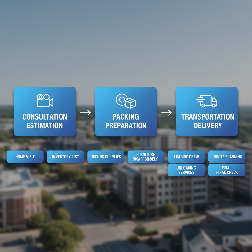 Horizontal process flow diagram showing three phases of professional moving services in Marietta: consultation, packing, and transportation.