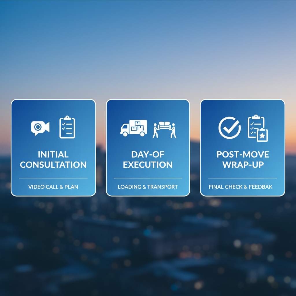 Horizontal process flow diagram illustrating three stages of professional moving help in Marietta: consultation, execution, and wrap-up.