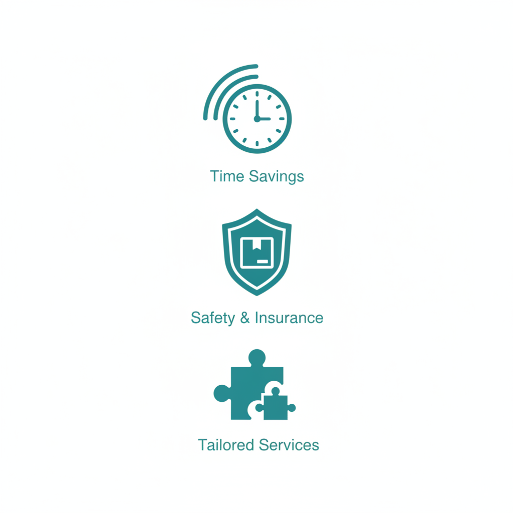 Icons depicting key benefits of professional moving services: time savings, safety and insurance, tailored options in Marietta.