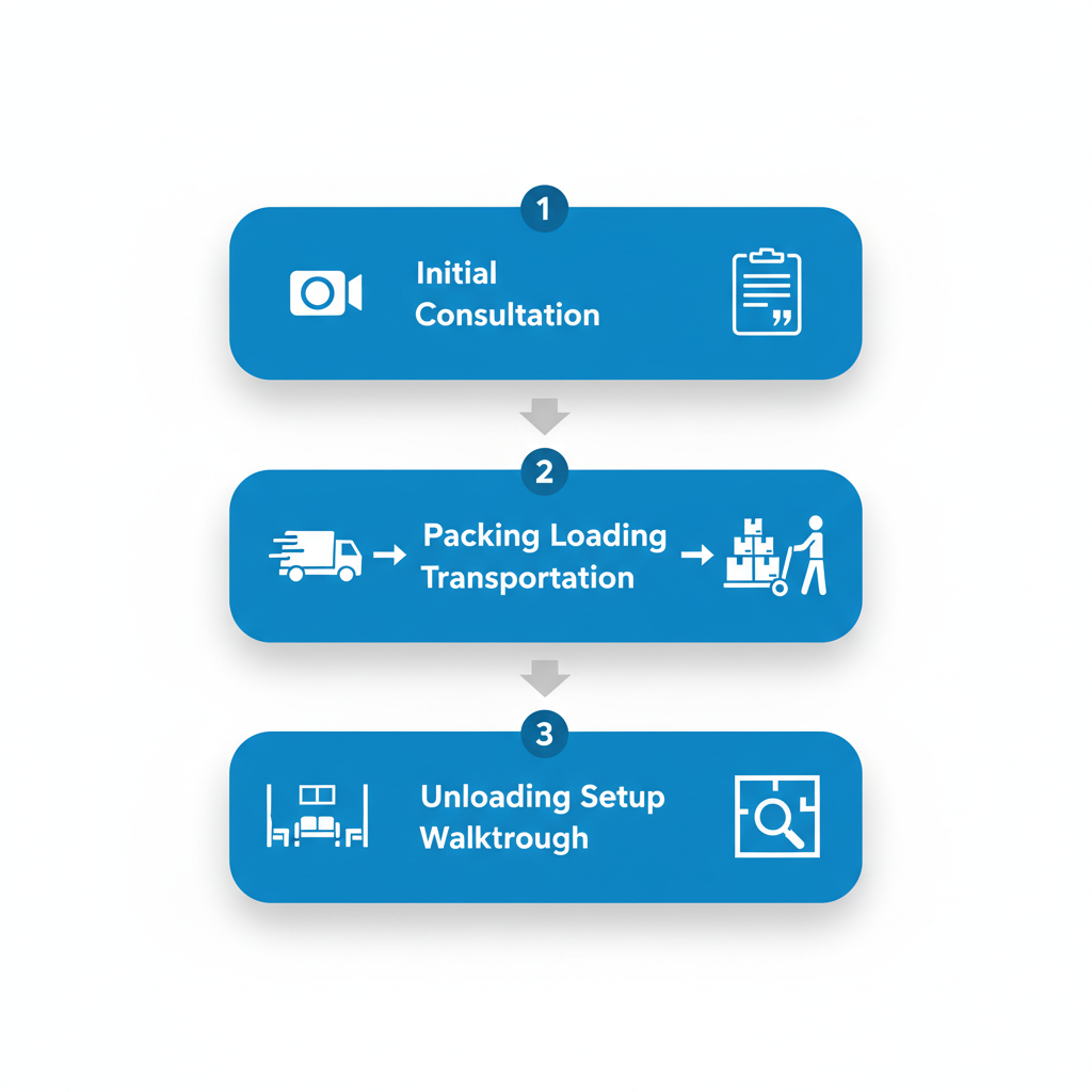 Vertical process flow diagram illustrating the three main stages of professional moving services in Marietta, GA
