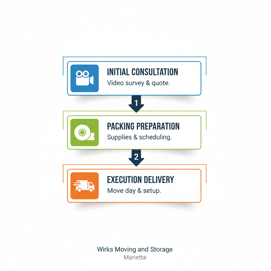 Vertical process flow diagram of the three-stage moving process in Marietta by Wirks Moving, from consultation to delivery.