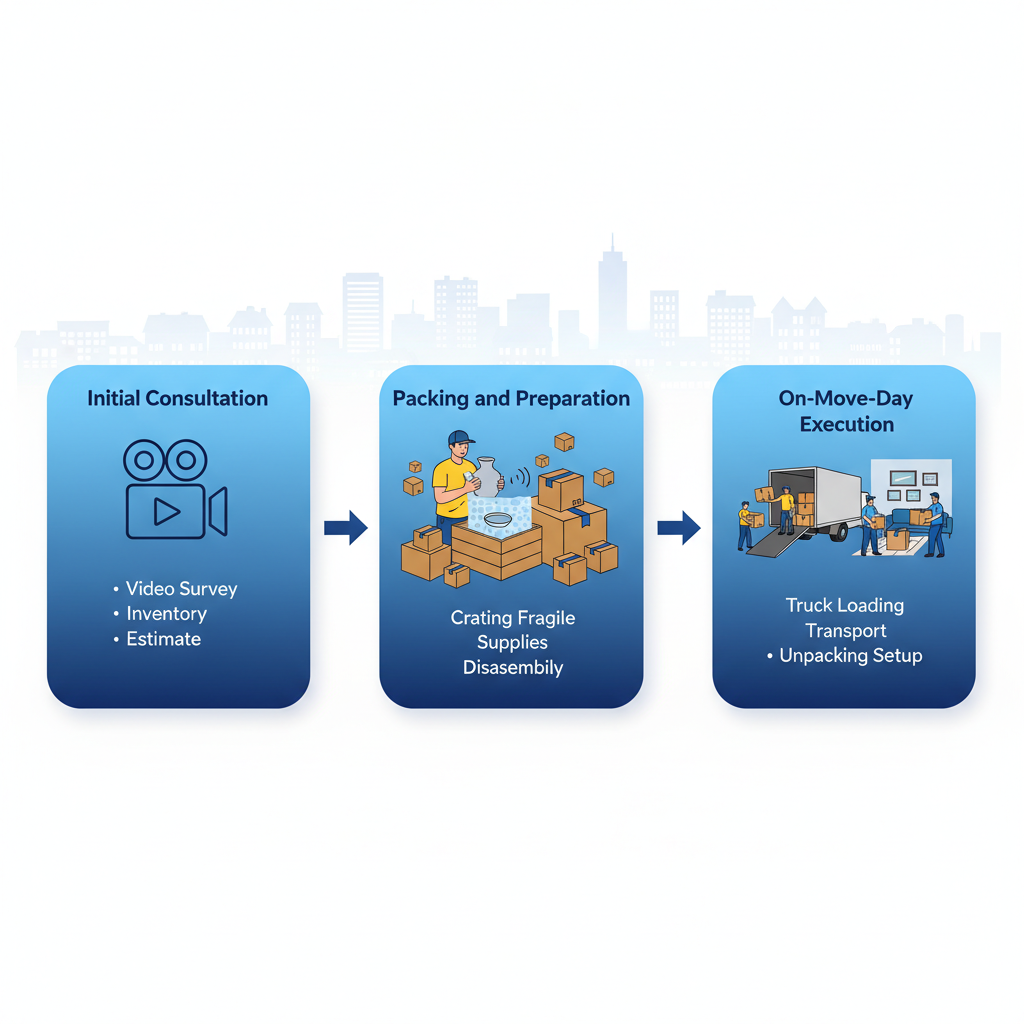 Horizontal process flow diagram of the three main stages of moving in Marietta, GA: initial consultation, packing preparation, and move-day execution