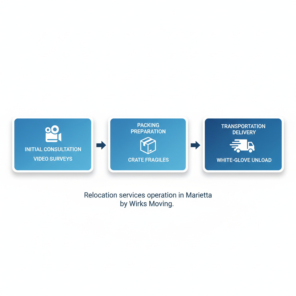 Horizontal process flow diagram showing three stages of relocation services in Marietta: consultation, packing, and delivery with icons and brief labels.