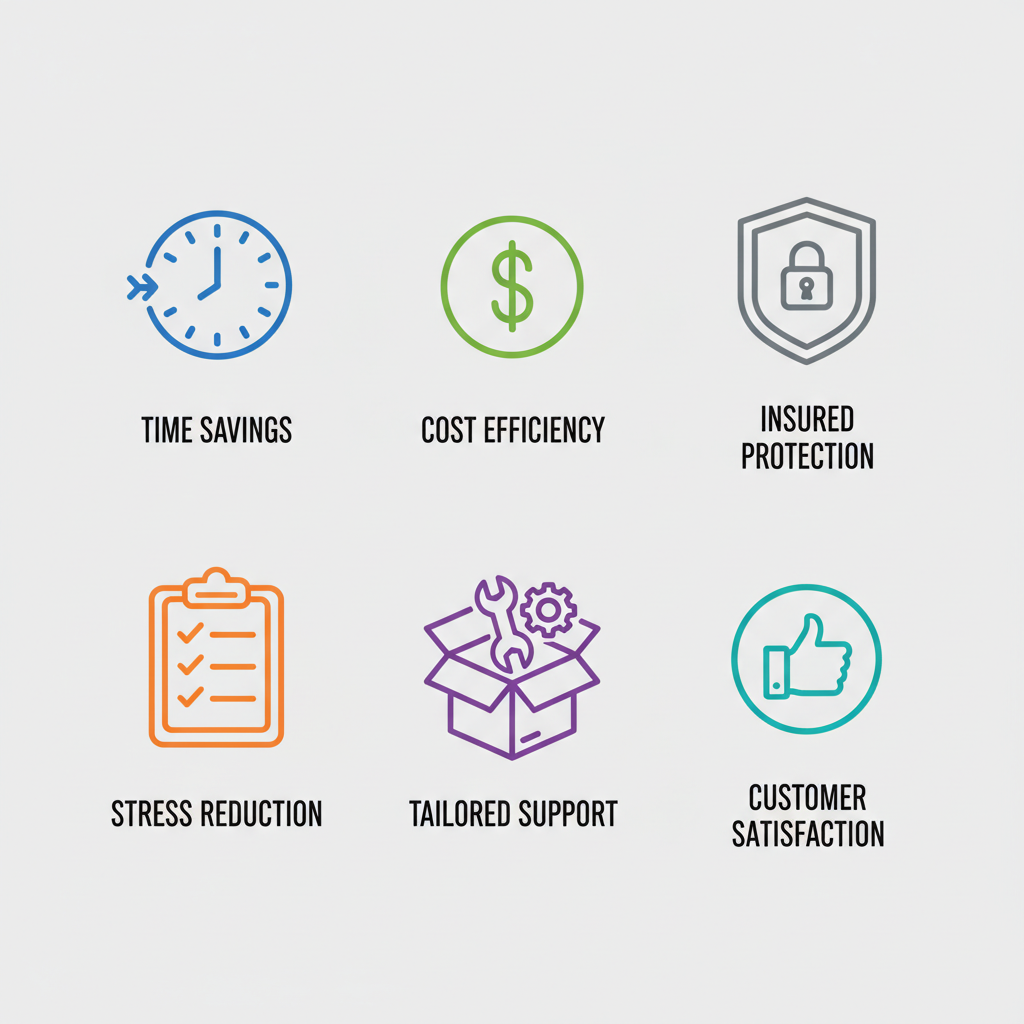 Grid of icons illustrating key benefits of professional relocation services including time savings, cost efficiency, protection, stress reduction, tailored support, and customer satisfaction.