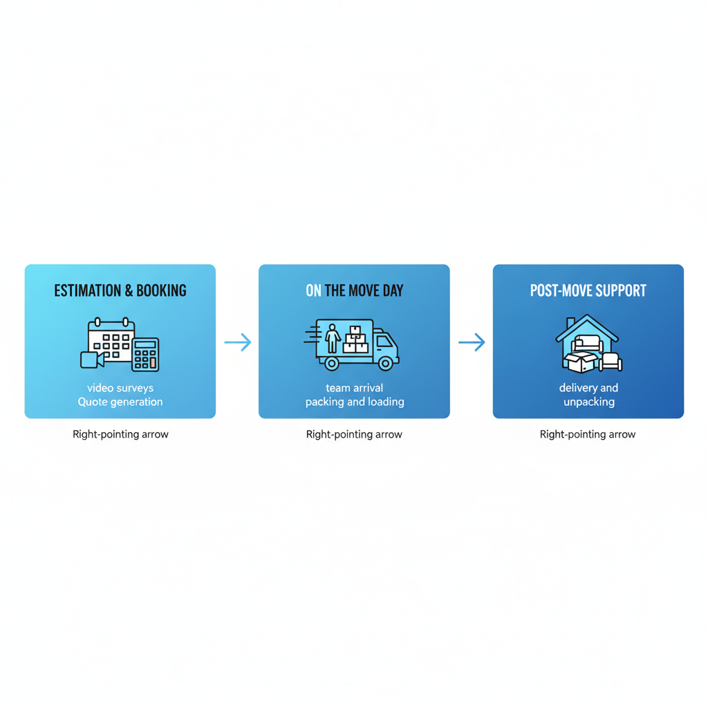 Horizontal process flow diagram of three stages in professional moving services in Marietta: estimation and booking, move day operations, and post-move support.