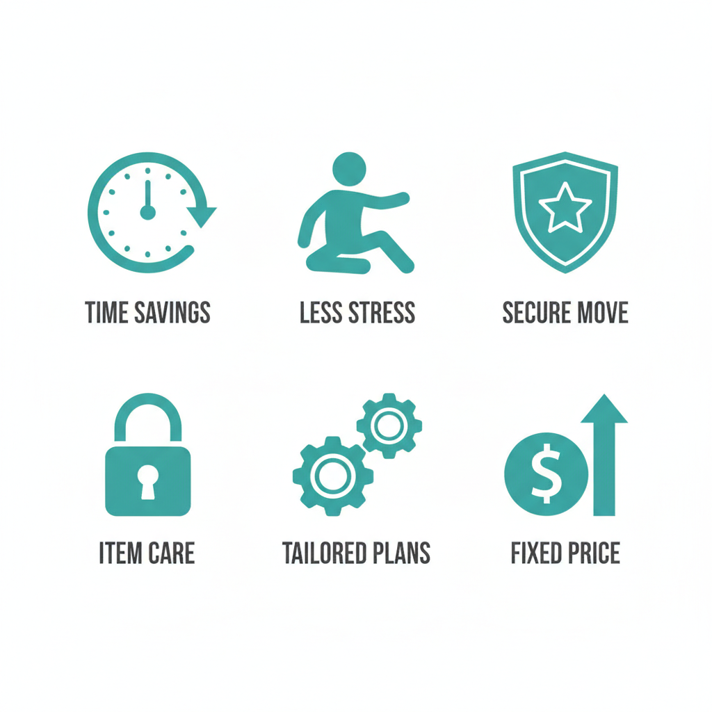 Grid of six icons illustrating benefits of professional movers: time savings, stress reduction, safety, item protection, customized services, cost predictability.