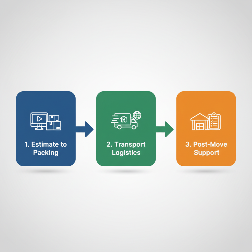 Horizontal process flow diagram of professional moving stages in Marietta: estimate to packing, transport and unloading, post-move support and storage.