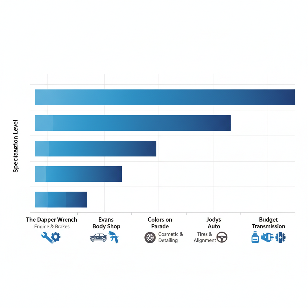 Horizontal bar chart comparing specialization levels of auto repair providers in the River Valley