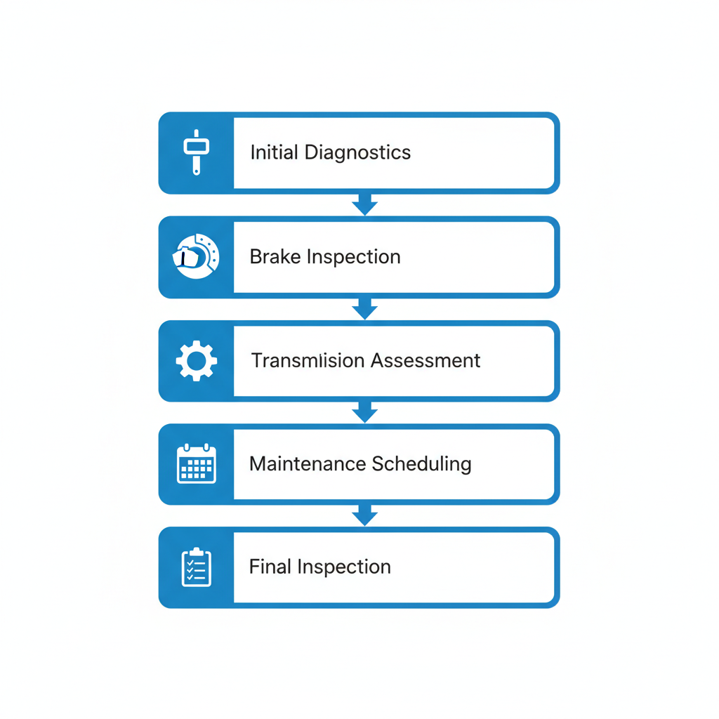 Vertical process flow diagram of five stages for European vehicle service at The Dapper Wrench, including diagnostics, brake repair, transmission check, scheduling, and final inspection.
